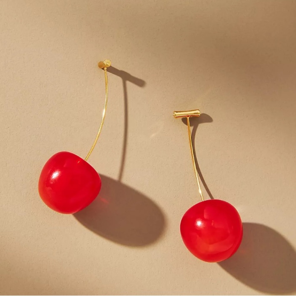 New! Anthro Whimsy Red Ripe Cherry Drop Earrings Gold Wire Styling Lightweight